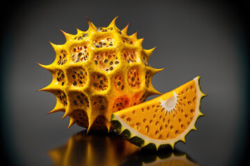 Kiwano or horned melon exotic fruit, whole and cut, on board. Generative AI