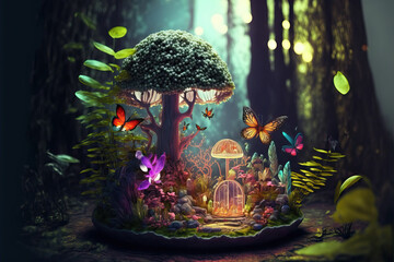 Wall Mural - a beautiful fairy tale enchanted forest with big trees, tropical vegetation and many colorful insect