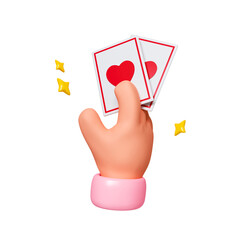 Wall Mural - 3D hand playing cards hearts. cartoon style isolated on pink background. clipping path. 3D render illustration