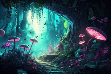 Wall Mural - a beautiful fairy tale enchanted forest with big trees, tropical vegetation and many colorful insect