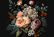 Black-background-featuring-a-vintage-bouquet-of-elegant-flowers-in-a-baroque,-old-fashioned-style---perfect-for-a-natural-pattern-wallpaper-or-greeting-card