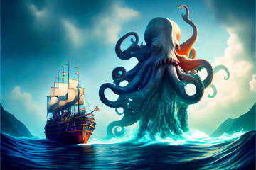 Giant octopus rises in front of a pirate ship. Ai Generated Illustration