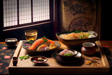 Plates of cute tiny japanese and korean food in a 5 stars restaurant in a asian country made by a chef cook illustration mattepainting background 