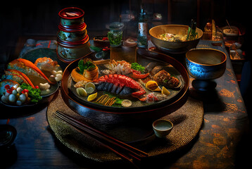 Wall Mural - Plates of cute tiny japanese and korean food in a 5 stars restaurant in a asian country made by a chef cook illustration mattepainting background 