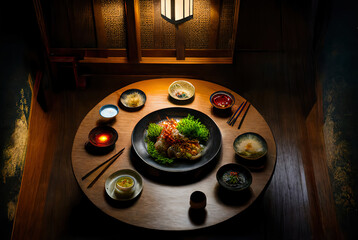 Wall Mural - Plates of cute tiny japanese and korean food in a 5 stars restaurant in a asian country made by a chef cook illustration mattepainting background 