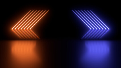 Wall Mural - sci fy neon glowing lamps in a dark hall. reflections on the floor. empty background in the center. 
