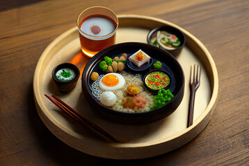 Wall Mural - Plates of cute tiny japanese and korean food in a 5 stars restaurant in a asian country made by a chef cook illustration mattepainting background 