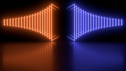 sci fy neon glowing lamps in a dark hall. reflections on the floor. empty background in the center. 