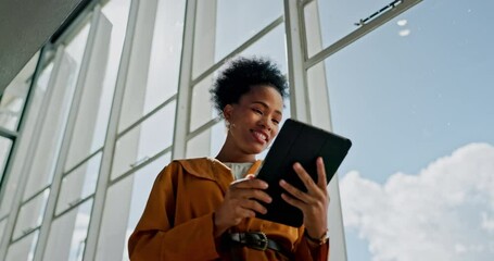 Black woman, corporate and tablet for web design with technology, professional with digital marketing and leadership. Digital information, typing email with tech and web with executive business woman