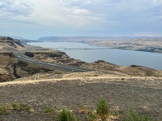 Wall Mural - Scenic overlook of the Columbia River and Interstate highway I90 at Wild Horses Monument in Washington state