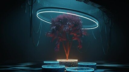 Wall Mural - 4k video animation of an abstract sci-fi scene where the light falls from the top on a tree whose le