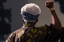 An Elderly Black Senior Woman With A Fist Up Wearing African Clothing From Back At A Protest For Black Lives Matter, An Illustration Created With Generative AI Artificial Intelligence Technology