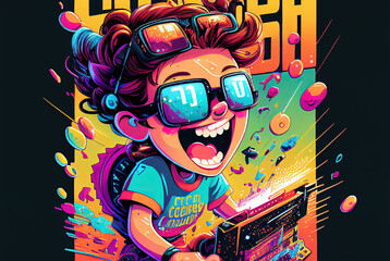 Happy cheerful character coding on computer, funny programming concept, an illustration created with Generative AI artificial intelligence technology