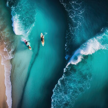 Aerial Photo Of A Group Of Surfers Surfing Together In Hawaii. Colored Surfboards In Blue Ocean Top View.