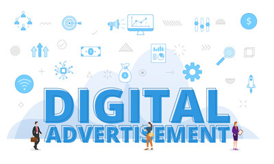 Wall Mural - digital advertisement concept with big words and people surrounded by related icon with blue color s