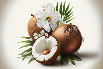 Wall Mural - White background with ripe coconuts. Generative AI