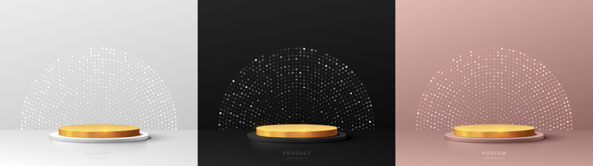 Wall Mural - set of 3d golden cylinder pedestal podium background. glitter dots in black, silver, pink gold color