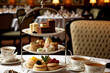 Traditional afternoon tea service in London including pastries, hors d'oeuvres, and tea. Generative AI