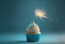 Birthday Cupcake With Sparkler Blue Background Digital Art