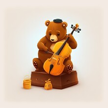  A Teddy Bear Playing A Violin On A Wooden Box With Honey Jars Around It And A Honey Jar In The Background With A Honey Jar On The Floor And A Bear With A Hat On.