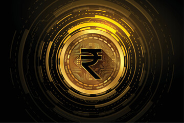 Wall Mural - futuristic digital indian currency sign on golden token background