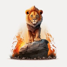  A Lion Sitting On A Rock With A Fire Coming Out Of It's Mouth And Eyes On It's Face, With A White Background With A Light Orange And Red Border And A White Background.
