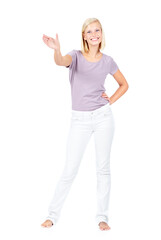 Poster - Portrait of woman and hand holding space for product placement, branding or bottle design in studio. Model with empty product for marketing or advertising mockup in hand isolated on white background