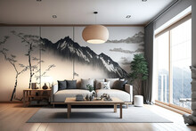 For The Large Family Who Adore Japanese Design, A Modern Living Room With A Sofa, Armchair, Table, Lamp, Wood Floor, And White Wall Was Created. Generative AI