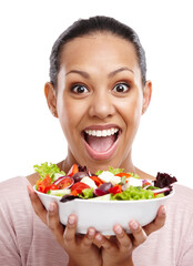 Sticker - Health, wow and portrait of woman with salad for diet, wellness and lose weight nutrition lifestyle. Smile of happy and excited black woman with healthy food on isolated white background.