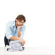 © J Bergen/peopleimages.com - Stress, burnout and businessman with paper, documents and workload pressure on a white background. Overwhelmed, male and corporate employee with boring admin task looking exhausted, sad and isolated