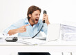 © J Bergen/peopleimages.com - Telephone call, shout and business man angry over bad tech support, poor customer service or communication problem. Administration anger, accounting paperwork or studio accountant on white background