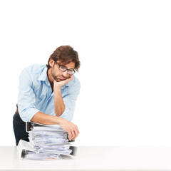 Wall Mural - Stress, burnout and businessman with paper, documents and workload pressure on a white background. Overwhelmed, male and corporate employee with boring admin task looking exhausted, sad and isolated