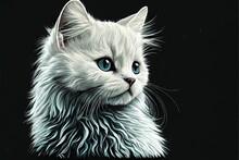 Illustrated Cute White Kitten. Background Pattern Of A White Cat With Blue Eyes On A Black Background. Generative AI