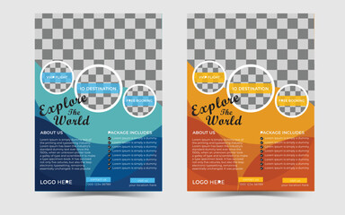 A set of two travel flyer design templates with blue and red colours, tour flyer, tourism color a4 print ready flyer. geometric shapes background flyer template.