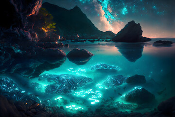 Wall Mural - Landscape Bioluminescence glowing plankton in water, fantasy luminescent algae in mountain lake at night, stunningly beautiful scene. Stars reflected in water