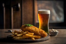 Traditionnal English Fish And Chips On A Wood Table. Served With A Beer And Mayonnaise Sauce. Generative AI Illustration.