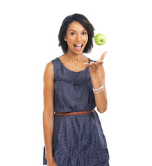 Poster - Woman, portrait and throwing apple for nutrition, diet and wellness food for health lifestyle. Happy black woman with fruit for healthy habits marketing in white studio with mockup for wellbeing