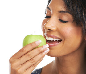 Sticker - Woman, studio and apple with smile, nutrition and hungry for healthy, organic snack and eating by white background. Black woman, happy and natural green fruit for diet, energy or wellness by backdrop