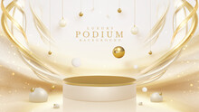 Product Display Podium With Golden Curve Line Element And Ball Decoration And Glitter Light Effect.