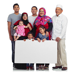 Sticker - Poster, portrait and muslim family with space for advertising Islam religion with children, men and women. Islamic people and kids with banner sign for eid promotion isolated on a white background