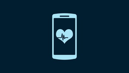 Canvas Print - White Smartphone with heart rate monitor function icon isolated on blue background. 4K Video motion graphic animation