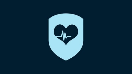 Sticker - White Shield and heart rate icon isolated on blue background. Health protection concept. Health care. 4K Video motion graphic animation