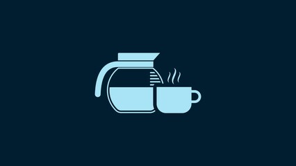 Poster - White Coffee pot with cup icon isolated on blue background. 4K Video motion graphic animation