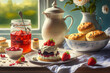 Selective focus, cream teas with scones and clotted cream, raspberry jam, and strawberries on a white table. Generative AI