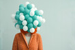 Generative AI minimalist illustration of a woman on a teal background with her head covered in balloons. Artwork conceptual 
