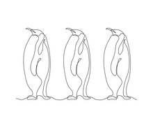 Three Abstract Penguins Stand In A Row,hand Drawn, Continuous Mono Line, One Line Art