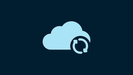 Sticker - White Cloud sync refresh icon isolated on blue background. Cloud and arrows. 4K Video motion graphic animation