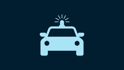 Sticker - White Police car and police flasher icon isolated on blue background. Emergency flashing siren. 4K Video motion graphic animation