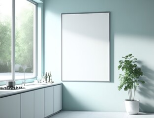 illustration of mock-up wall decor frame is hanging in minimal style , modern contemporary kitchen