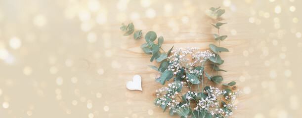 Wall Mural - Beautiful bouquet with heart, bokeh lights  and eucalyptus - mother's day, birthday, wedding - greeting card with copy space	
